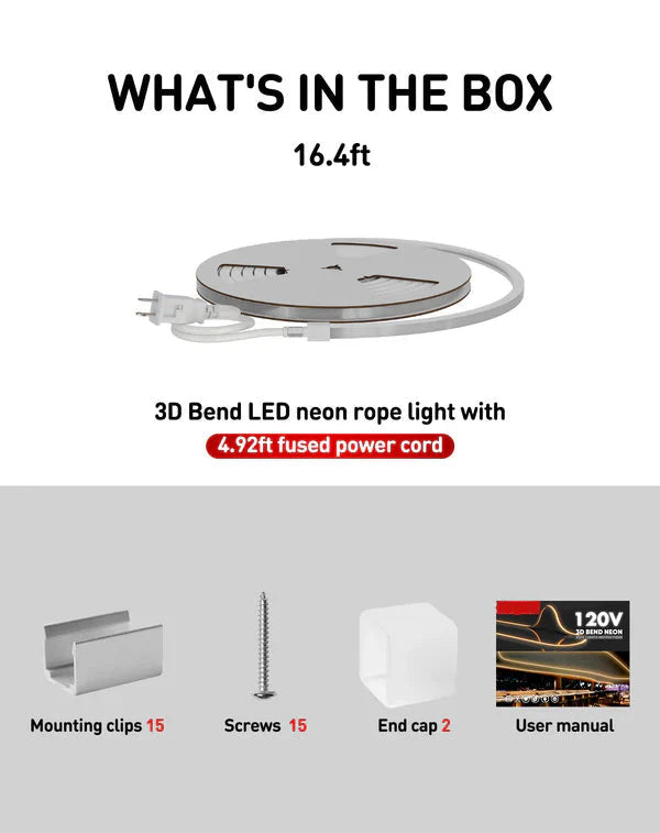 120V 3D Bend Flexible Neon Flex LED Strip, Top & Side Bend, 6000K Cool White