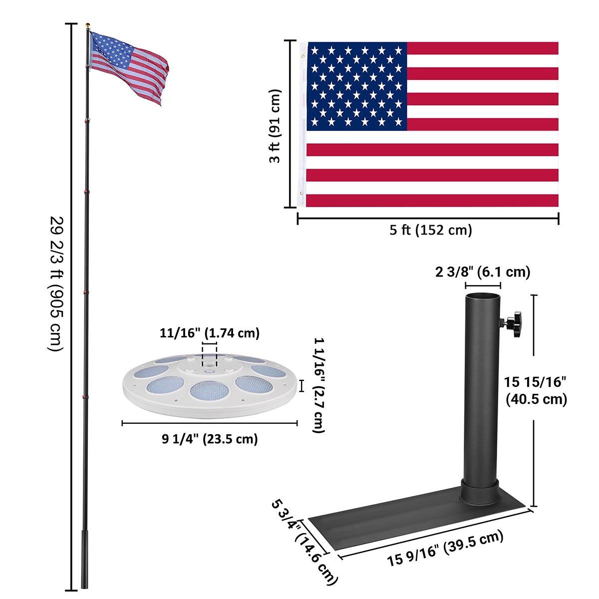 Yescom EZ GO Telescopic Flagpole with Light & Tire Mount