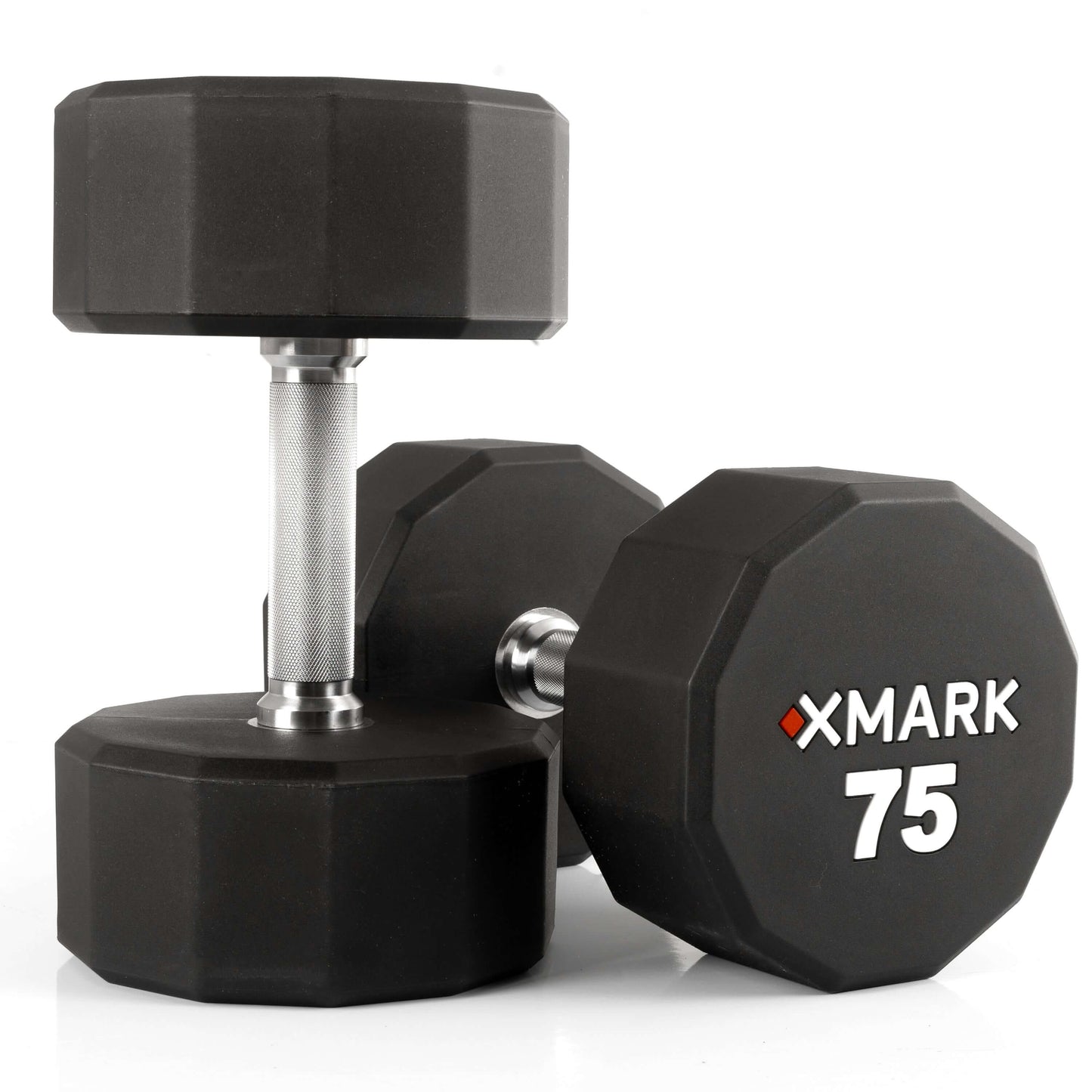 XMARK 75 lb urethane dumbbells with knurled handles and a 12-sided design for durability and easy grip.