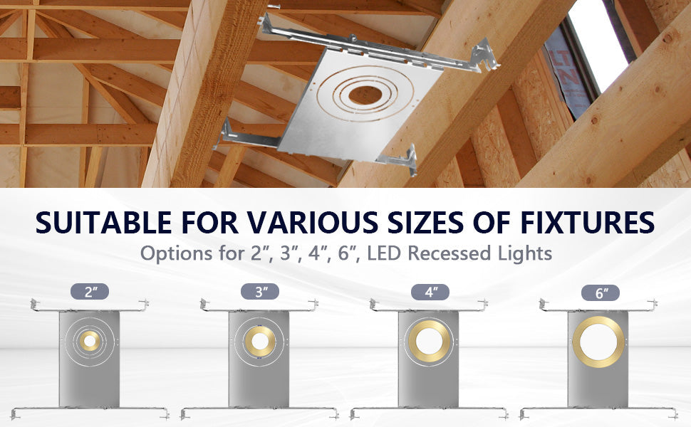 New Construction Mounting Plate for LED Recessed Lighting Kits, Adjustable Hanger Bars, Round Hole (2-3-4-6 Inch) Compatibility, Shallow Housing Support