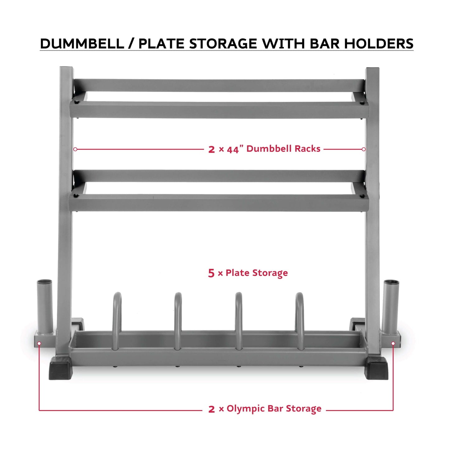 Dumbbell and plate storage rack featuring two 44" racks and five plate storage slots for efficient gym organization.