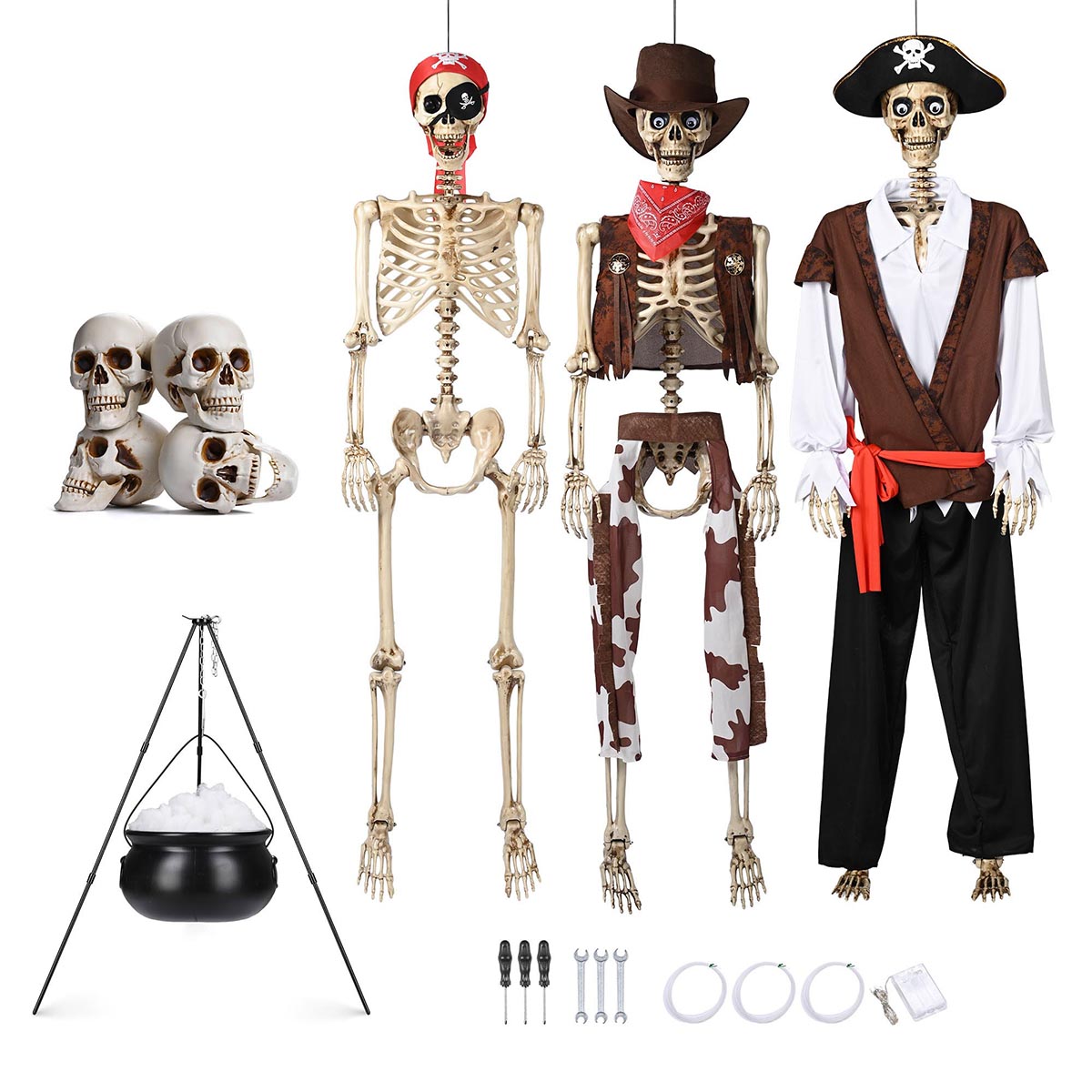 Yescom 5.6Ft Halloween Skeleton Set - Pirate Captain with Cauldron & Skulls