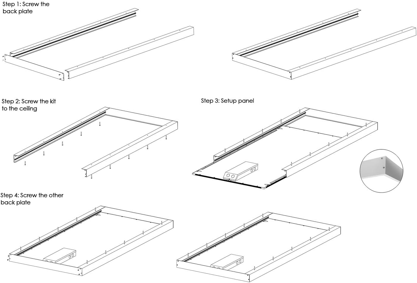 Surface Mount Kit for LED Flat Panel Light, 2x4, Aluminum Ceiling Frame (24x48x3.13 inches) for Edge-Lit & Backlit Panels