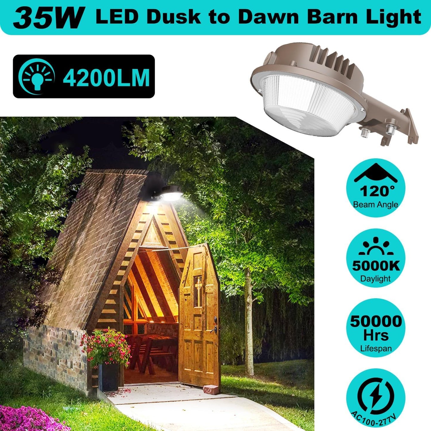 50W LED Barn Light with Photocell, 5000K, 7000 Lumens, 100-277 VAC
