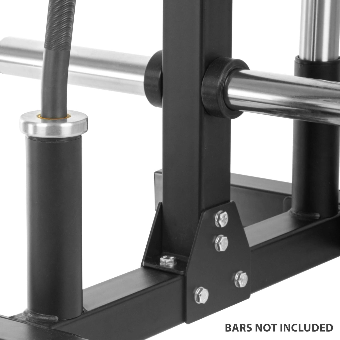 Close-up of a sturdy Olympic weight plate tree showing locking mechanism and durable steel construction, bars not included.