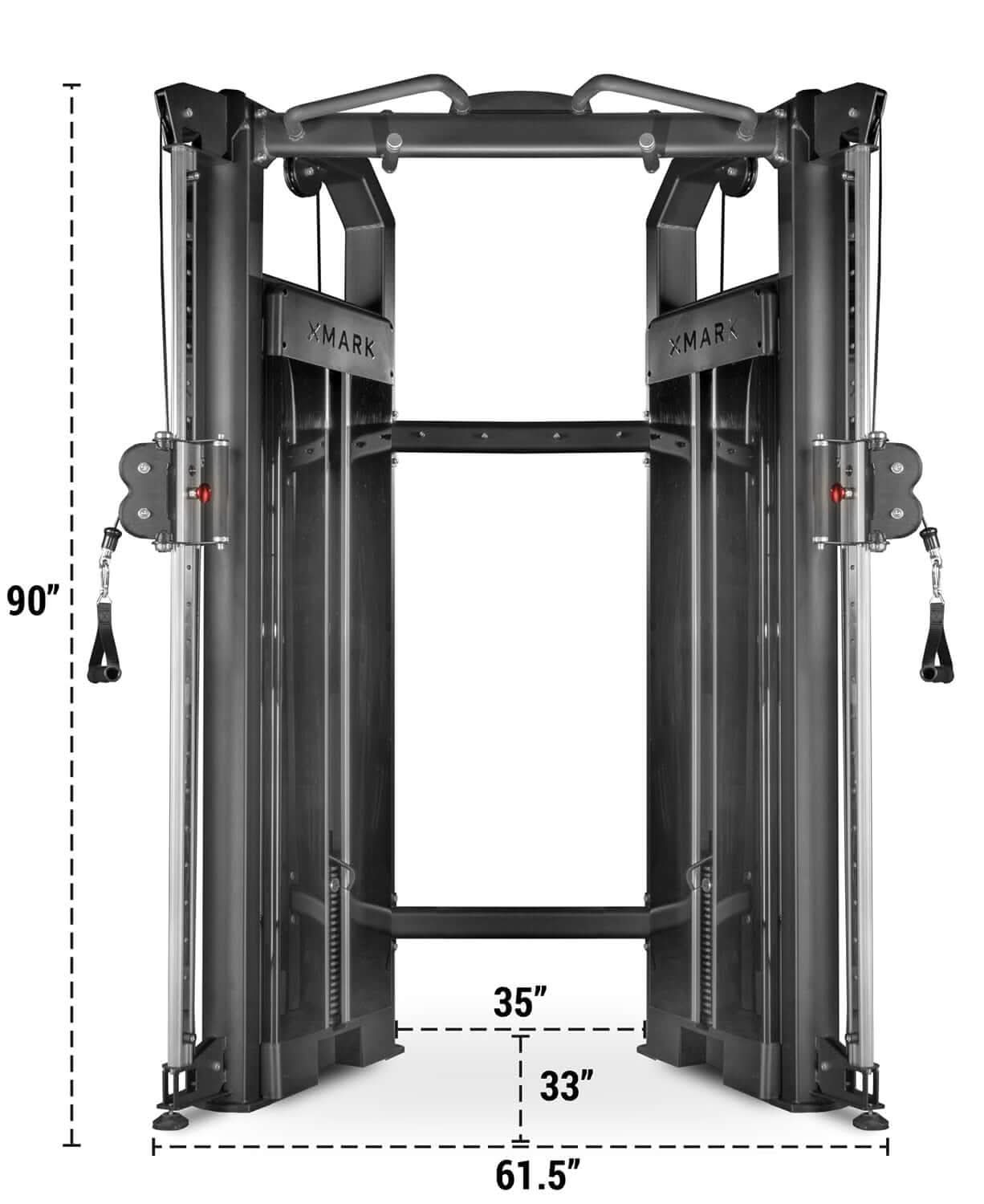 Functional trainer with dual 230 lb weight stacks, 90" tall frame, dimensions 35" x 33" x 61.5" for versatile workouts.