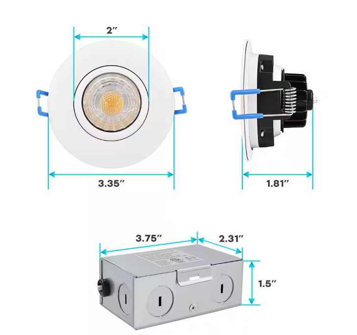 3 Inch LED Recessed Light with Junction Box, Gimbal, 6W, Selectable CCT, 370 Lumens, 120 VAC