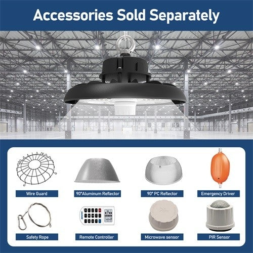LED UFO High Bay Light, Selectable 240W/200W/150W and CCT, 36,000 Lumens, 120-277 VAC, Audio Jack Sensor Base