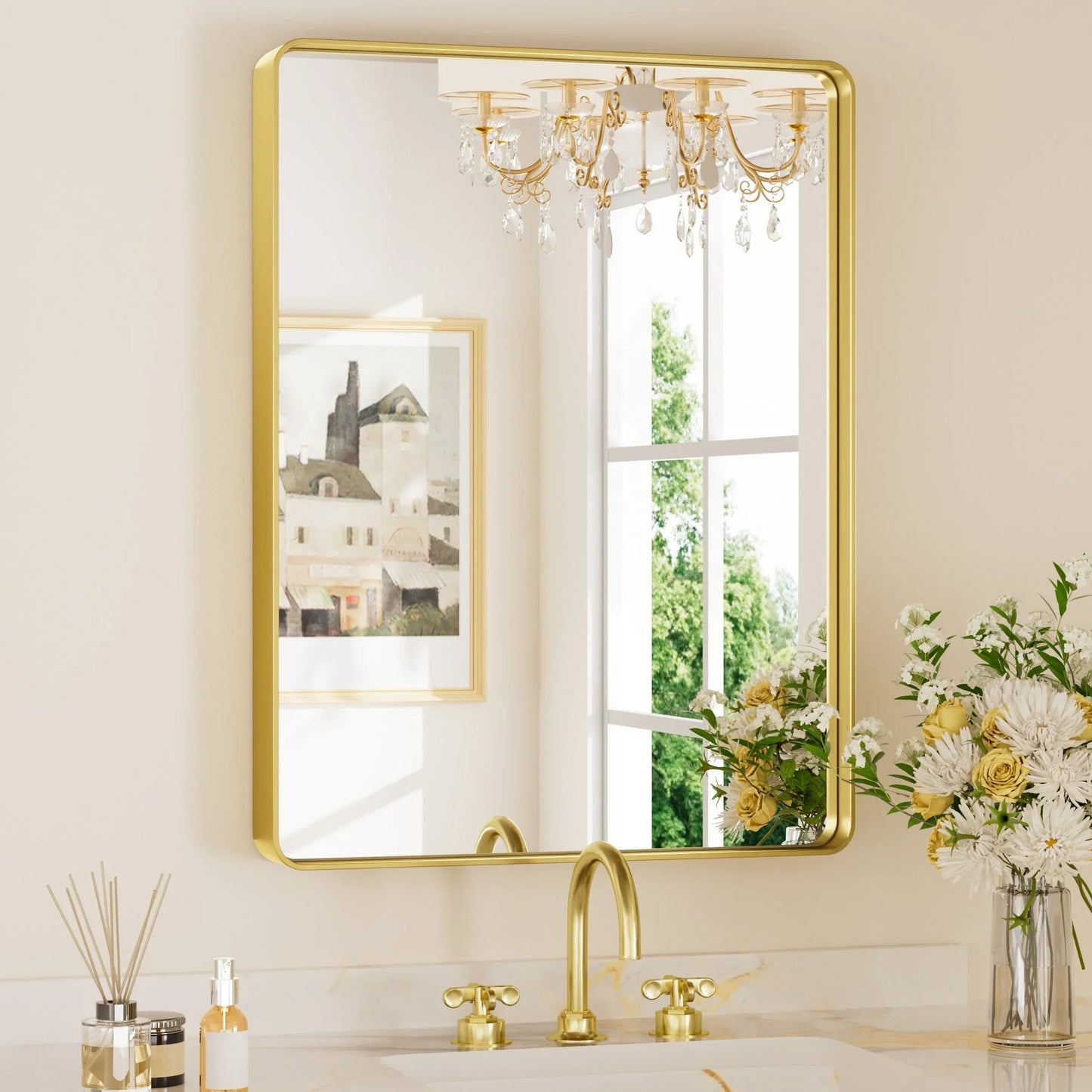 Gold Hard Corner Thin Frame Metal Mirror – Modern Wall-Mounted Bathroom - Bedroom - and Entryway Mirror