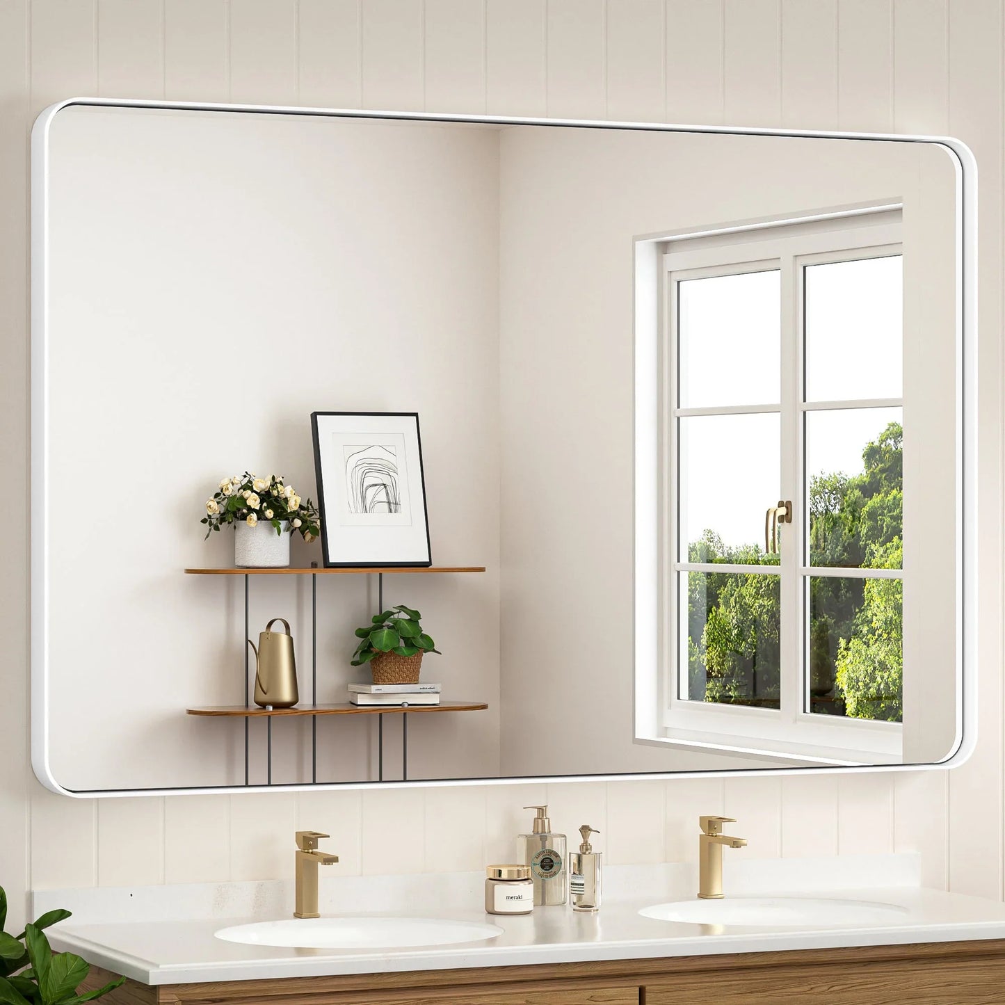 White Hard Corner Thin Frame Metal Mirror – Modern Wall-Mounted Bathroom - Bedroom - and Entryway Mirror