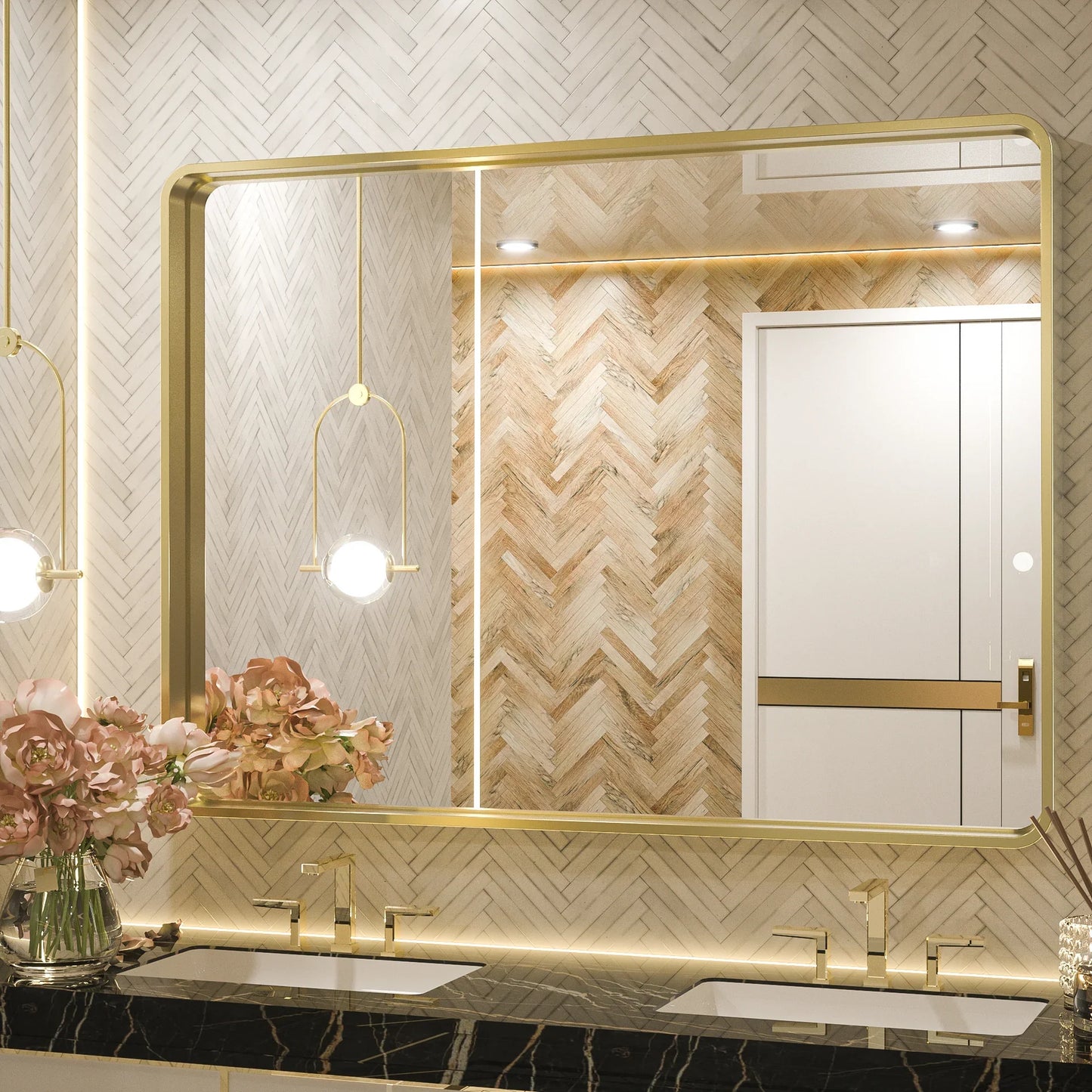 Gold Round Corner Metal Frame Mirror – Rectangular Wall Mirror with Shatterproof Glass - Vertical or Horizontal Mount – Modern Luxury Accent