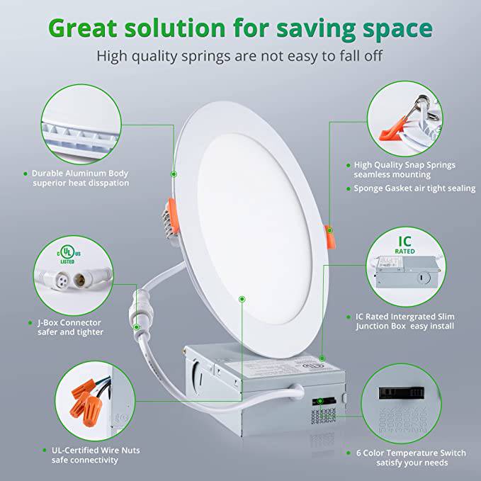 LED Recessed Downlight with Junction Box, 6 inch, 12W, Selectable CCT, 1,020 Lumens, 120 VAC