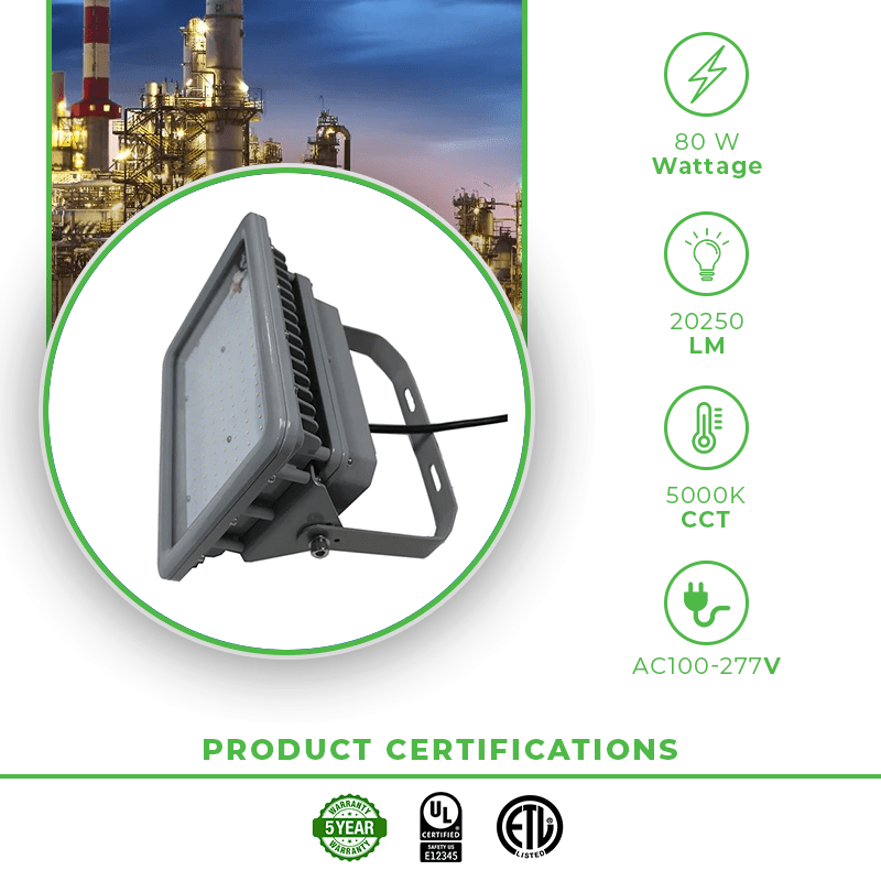 80W LED Explosion Proof Flood Light, D Series, 5000K, 20250 Lumens, 100-277 VAC
