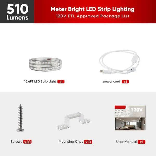 110V Super Bright Double Row LED Strip, Warm White 2800K, 510 Lumens/M