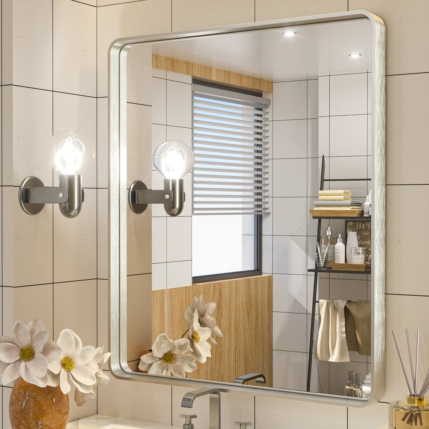 Silver Round Corner Metal Frame Mirror – Rectangular Wall Mirror with Polished Beveled Edge – Modern Vanity and Bathroom Mirror