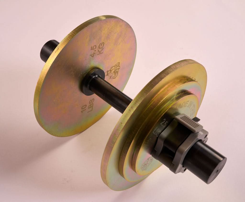 Solid Steel Loadable Dumbbell Sets - perspective view of different weights loaded on dumbbell (gold)