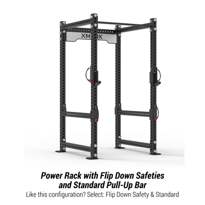 XMARK Viper Power Rack featuring flip down safeties and a standard pull-up bar for versatile home gym workouts.
