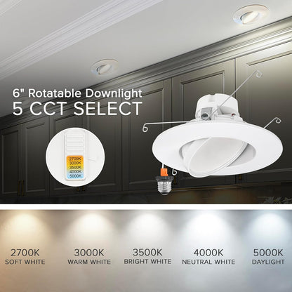 6 Inch LED Recessed Light, 11W, Selectable CCT, 1,100 Lumens, 120 VAC
