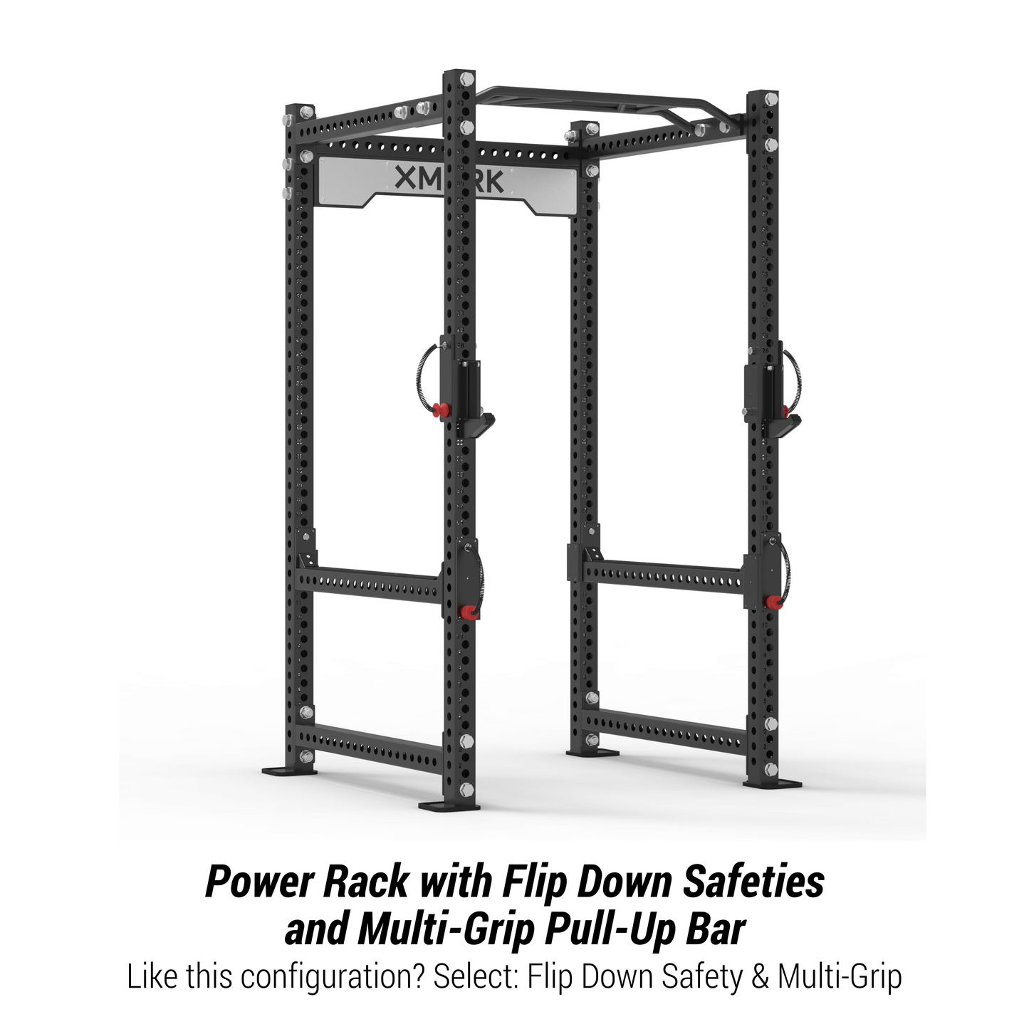 XMARK Viper Power Rack featuring flip down safeties and multi-grip pull-up bar for home workouts.