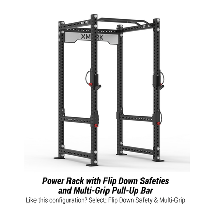XMARK Viper Power Rack featuring flip down safeties and multi-grip pull-up bar for home workouts.