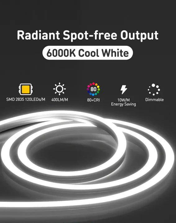 120V 3D Bend Flexible Neon Flex LED Strip, Top & Side Bend, 6000K Cool White