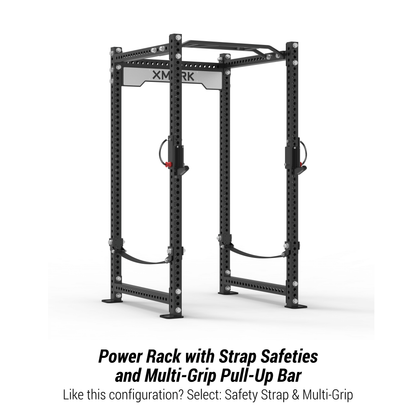 XMARK Viper Power Rack with strap safeties and multi-grip pull-up bar for home gym workouts.