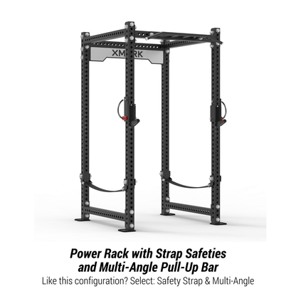 XMARK Viper Power Rack featuring strap safeties and multi-angle pull-up bar, designed for home gym strength training.