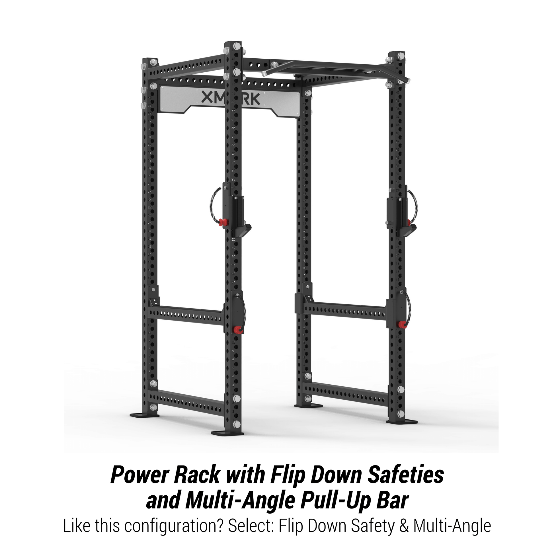 XMARK Viper Power Rack showcasing flip down safeties and multi-angle pull-up bar for versatile workouts.
