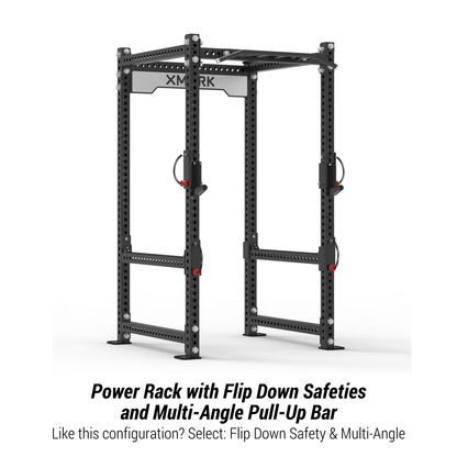 XMARK Viper Power Rack showcasing flip down safeties and multi-angle pull-up bar for versatile workouts.