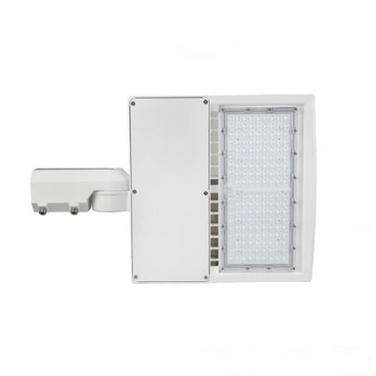 LED Parking Lot Light Bracket - White 3-in-1 Adjustable Mount | Direct, Trunnion & Slip Fitter Arm