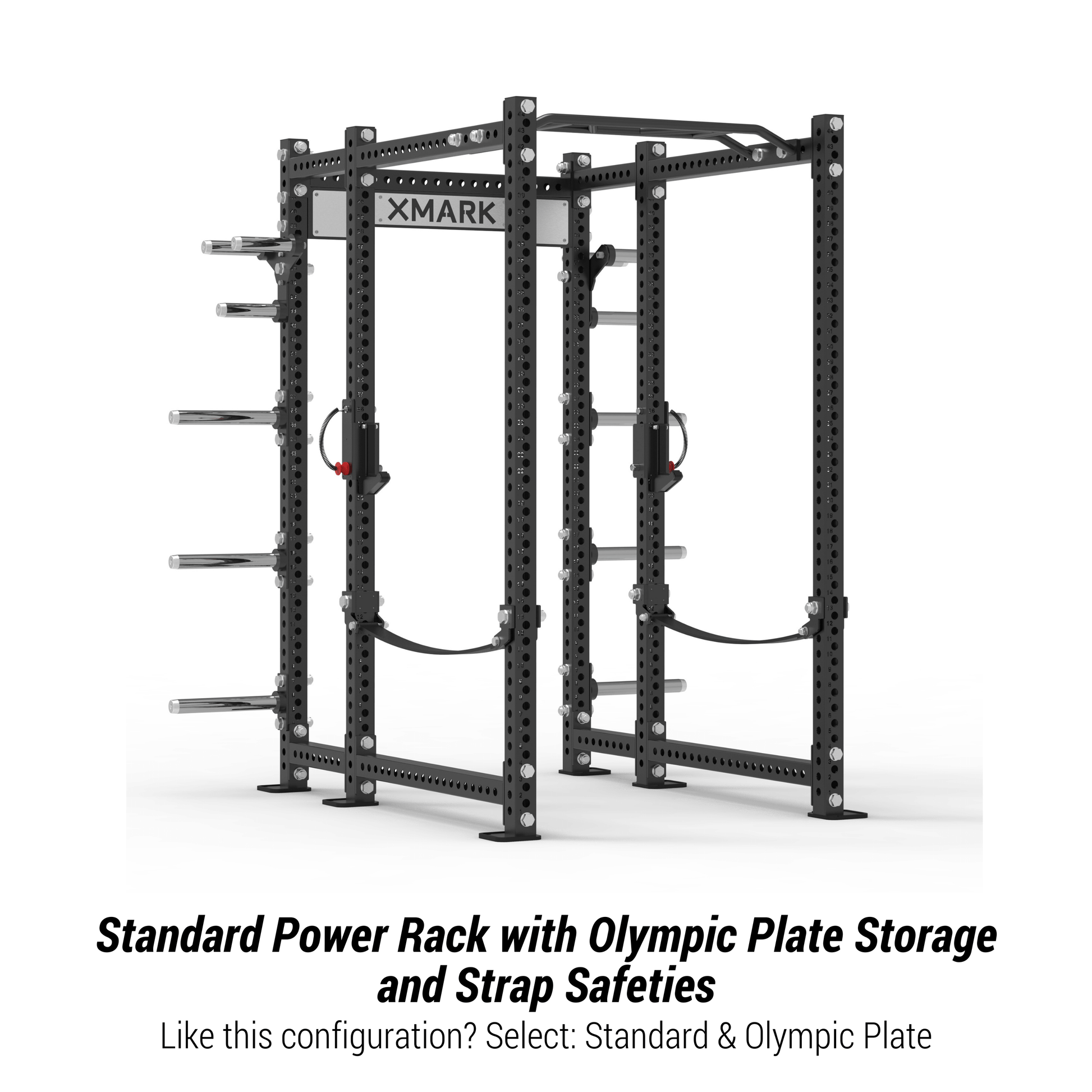 Heavy-duty standard power rack with Olympic plate storage and strap safeties, suitable for home or commercial gyms.