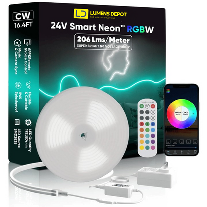 16FT 24V Smart RGBW LED Neon Rope Light, Cool and Warm White – Anti Yellowing -App and Remote Controlled