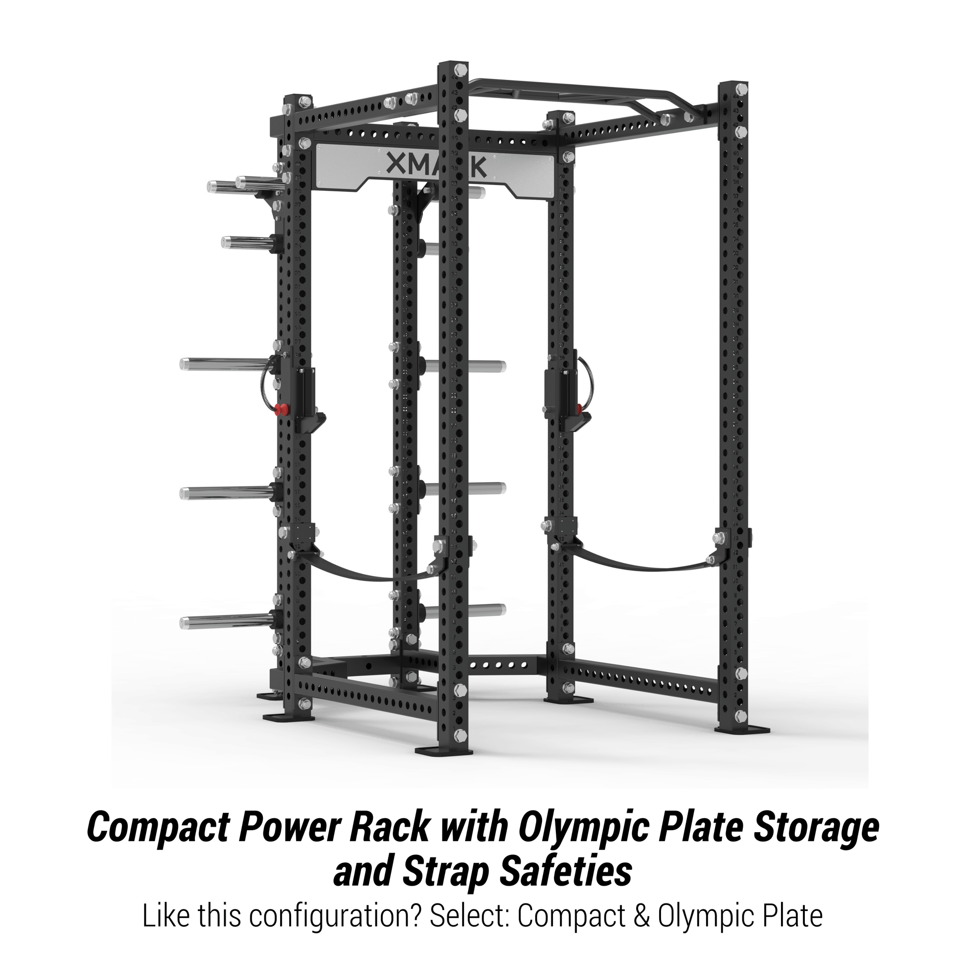 XMARK Viper Power Rack featuring Olympic plate storage, strap safeties, and a heavy-duty steel frame for versatile workouts.