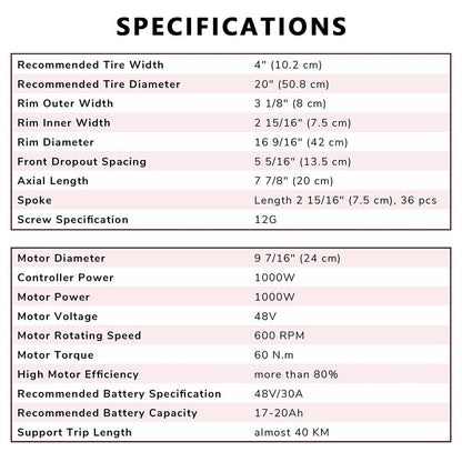 Yescom 20" Front Wheel Electric Bicycle Motor Fat Tire Kit 48v 1000w