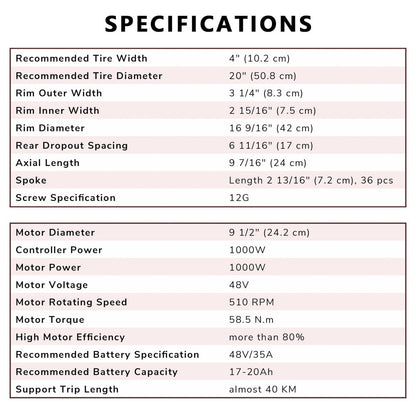 Yescom 20" Rear Wheel Electric Bicycle Motor Fat Tire Kit 48v 1000w