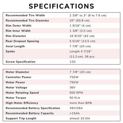 Yescom 20" Electric Bicycle Motor Rear Wheel Kit 36v 750w