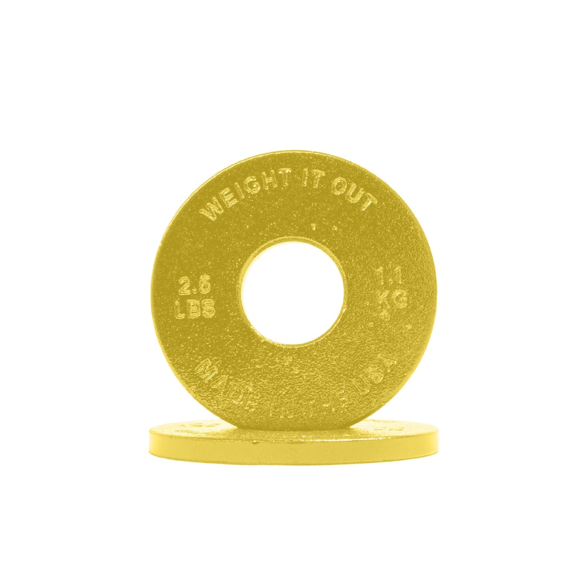Cast Iron Machined Weight Plate Pairs - front view of 1.1 kg (yellow finish)