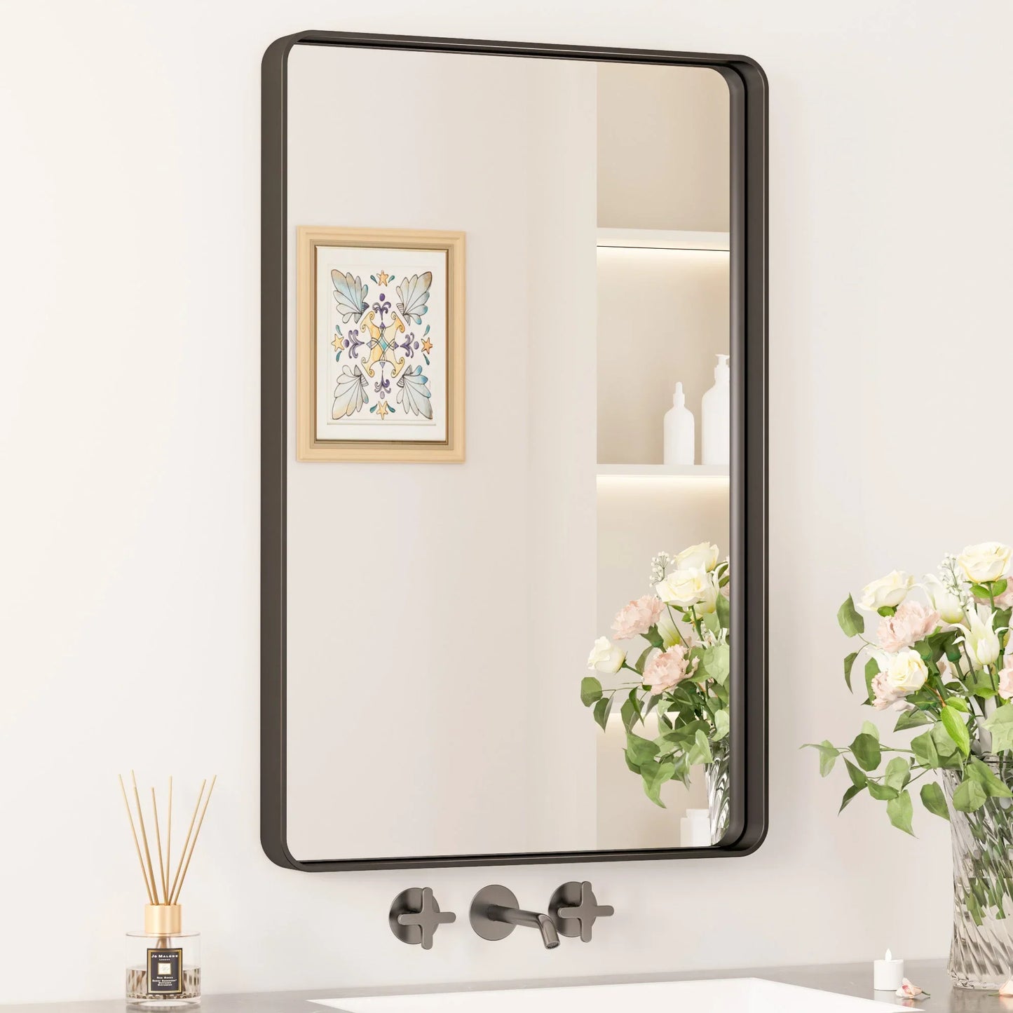 Black Hard Corner Thin Frame Metal Mirror – Modern Rectangular Wall-Mounted Mirror