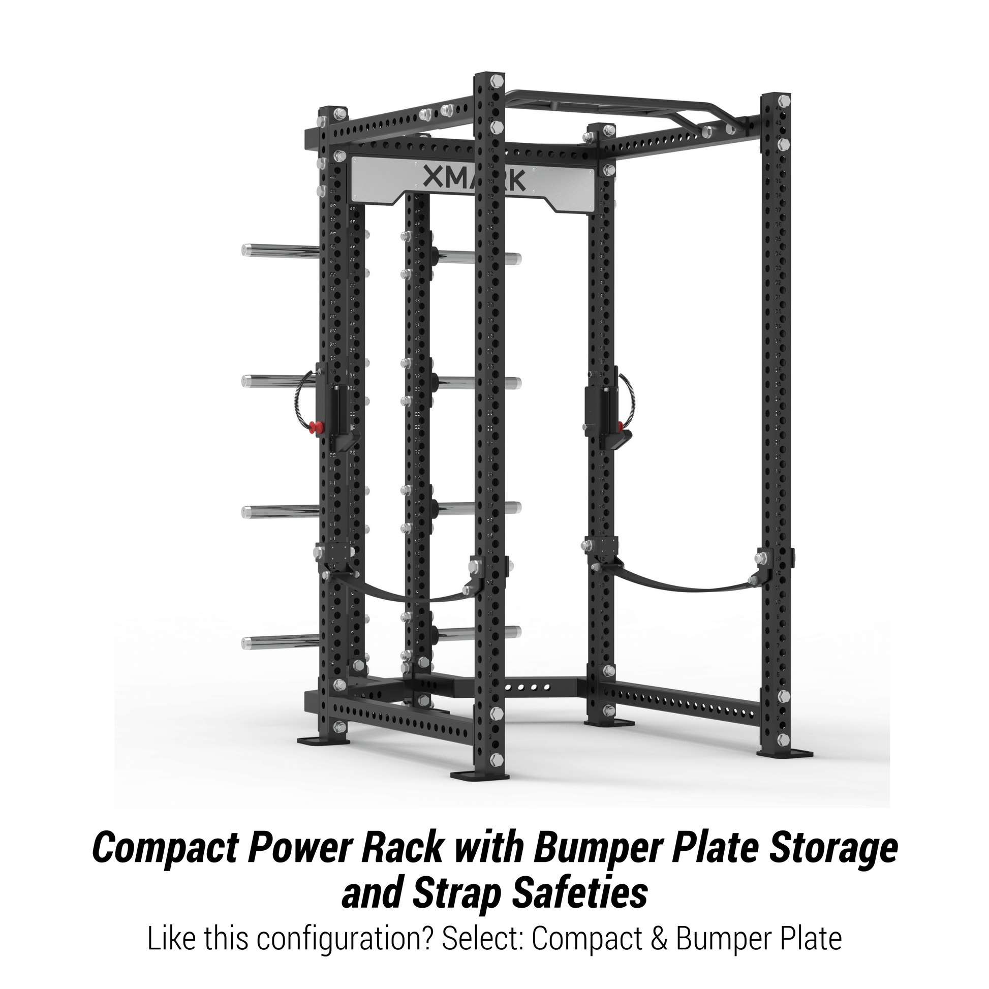 XMARK Compact Power Rack featuring bumper plate storage and strap safeties for secure weight training.
