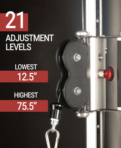 Close-up of the adjustment mechanism showing 21 levels ranging from 12.5" to 75.5" on a functional trainer.