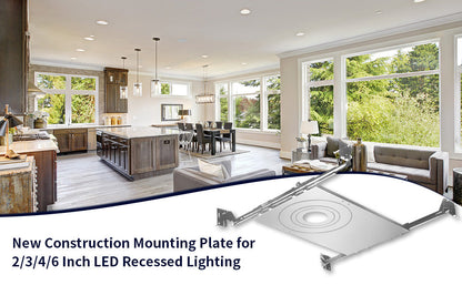 New Construction Mounting Plate for LED Recessed Lighting Kits, Adjustable Hanger Bars, Round Hole (2-3-4-6 Inch) Compatibility, Shallow Housing Support
