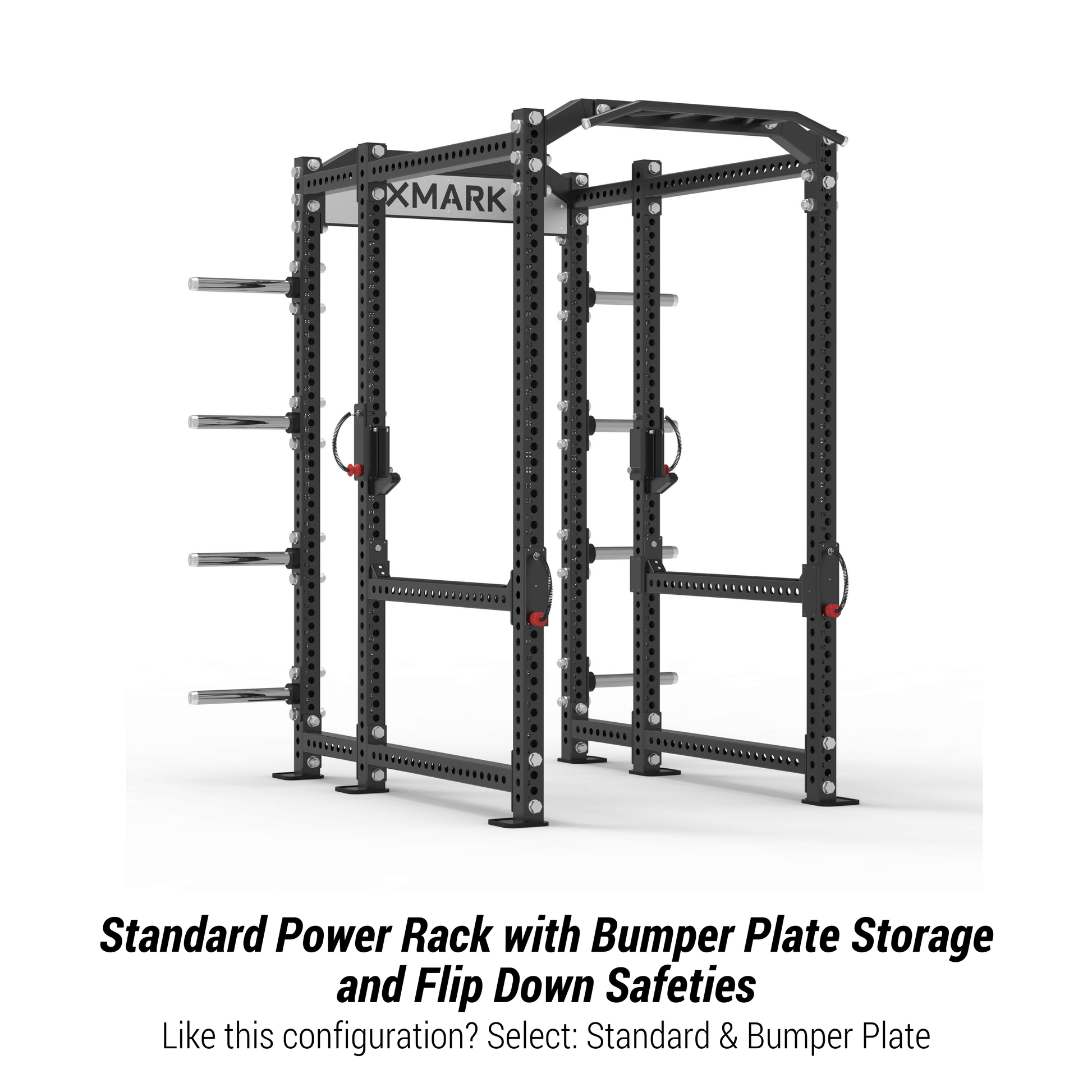 XMARK Viper Power Rack featuring bumper plate storage and flip down safeties for enhanced gym safety and performance.
