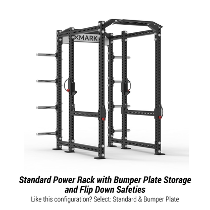 XMARK Viper Power Rack featuring bumper plate storage and flip down safeties for enhanced gym safety and performance.