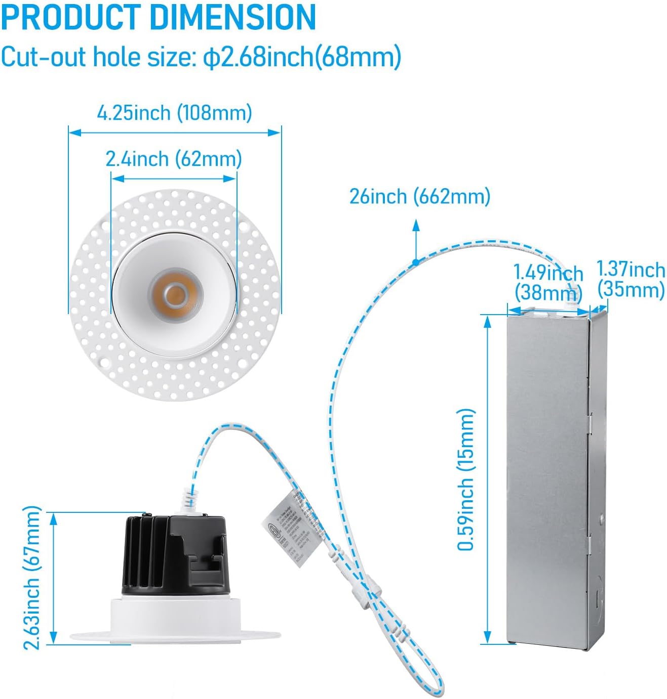 LED Recessed Downlight, 2 Inch, 13W, Selectable CCT, 800 Lumens, 120 VAC