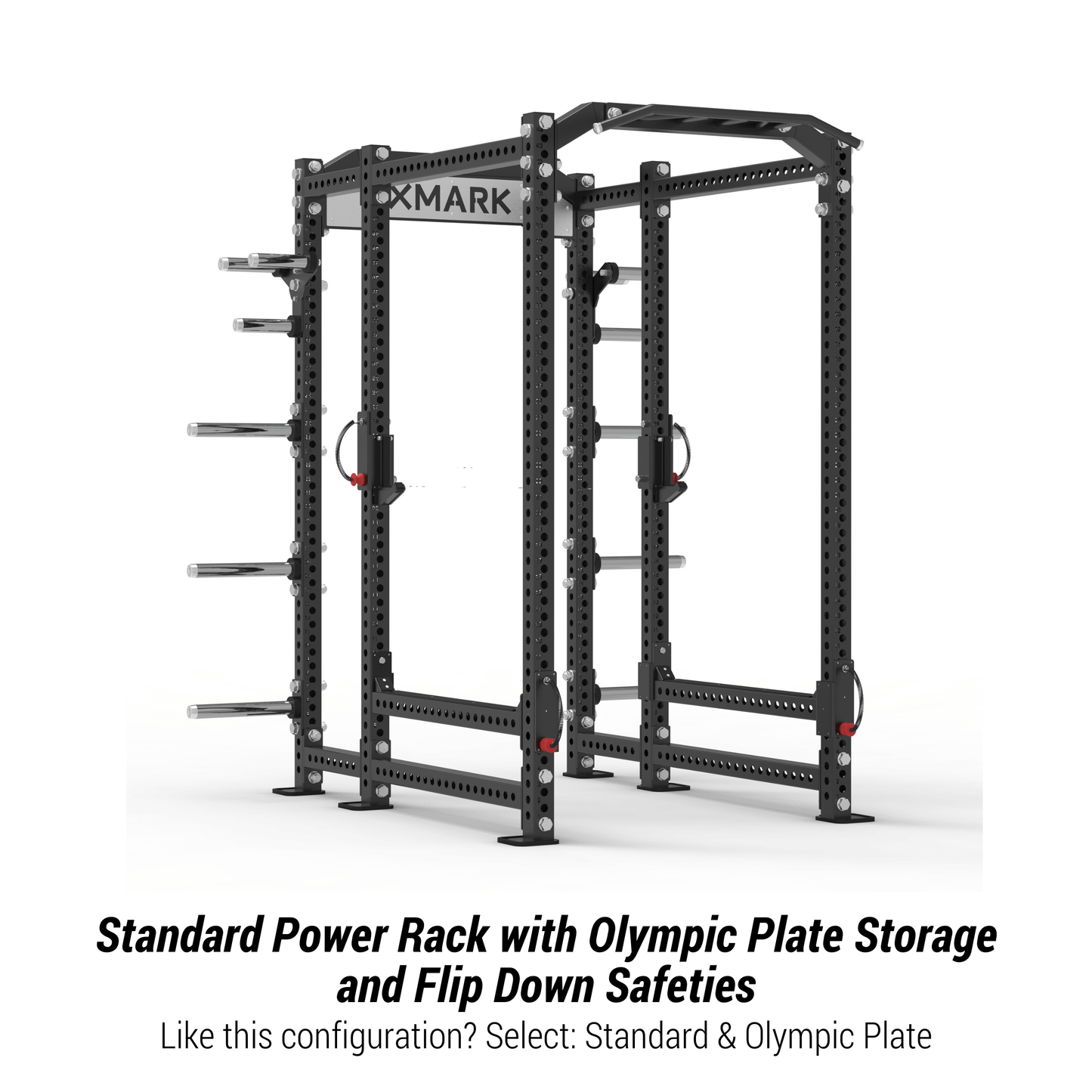 XMARK Viper Power Rack with Olympic plate storage and flip down safeties, designed for home gym stability and safety.