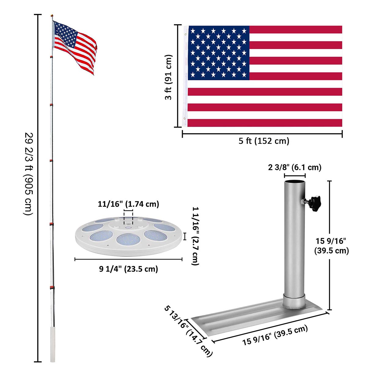 Yescom EZ GO Telescopic Flagpole with Light & Tire Mount