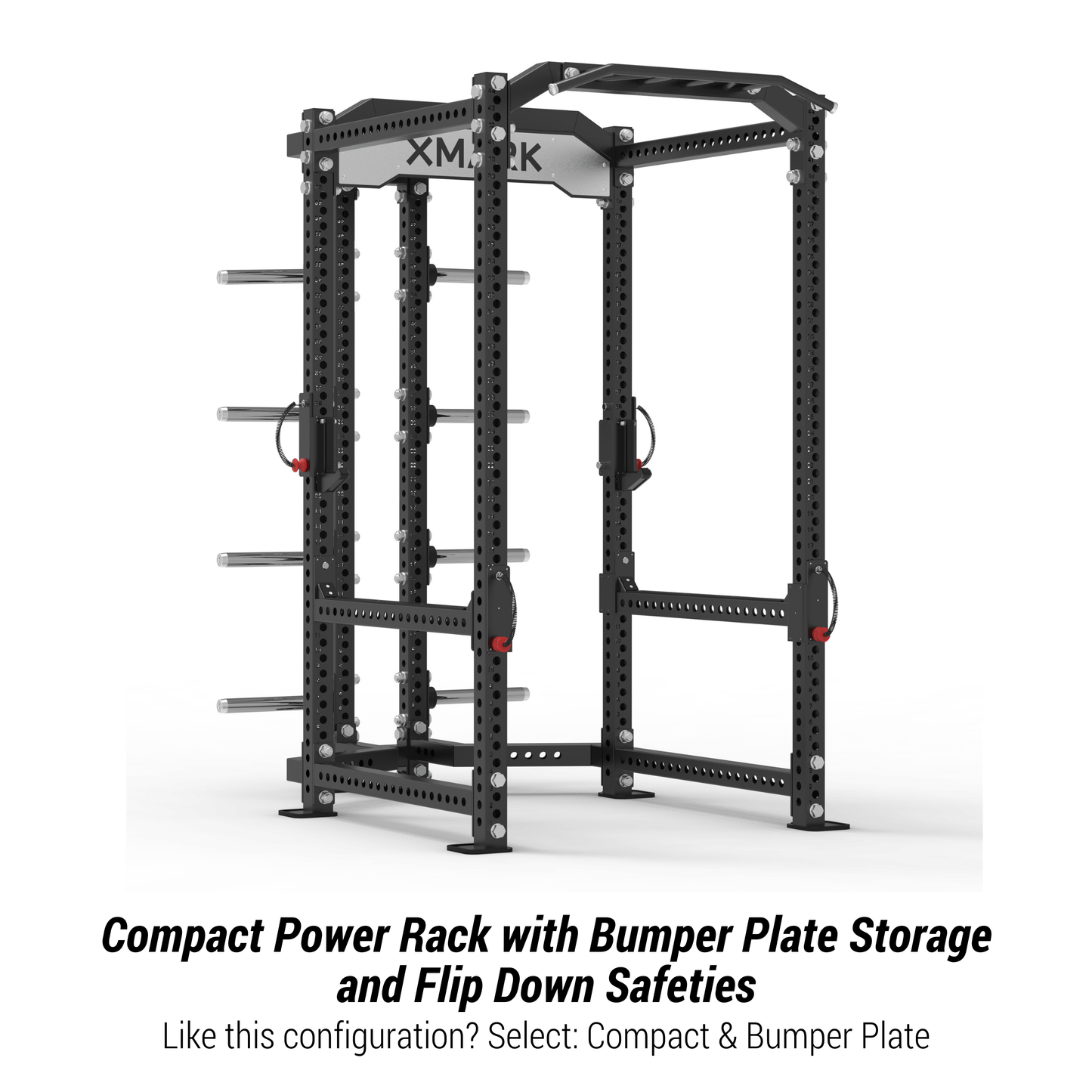 Heavy-duty compact power rack with bumper plate storage and flip down safeties for home gym workouts.
