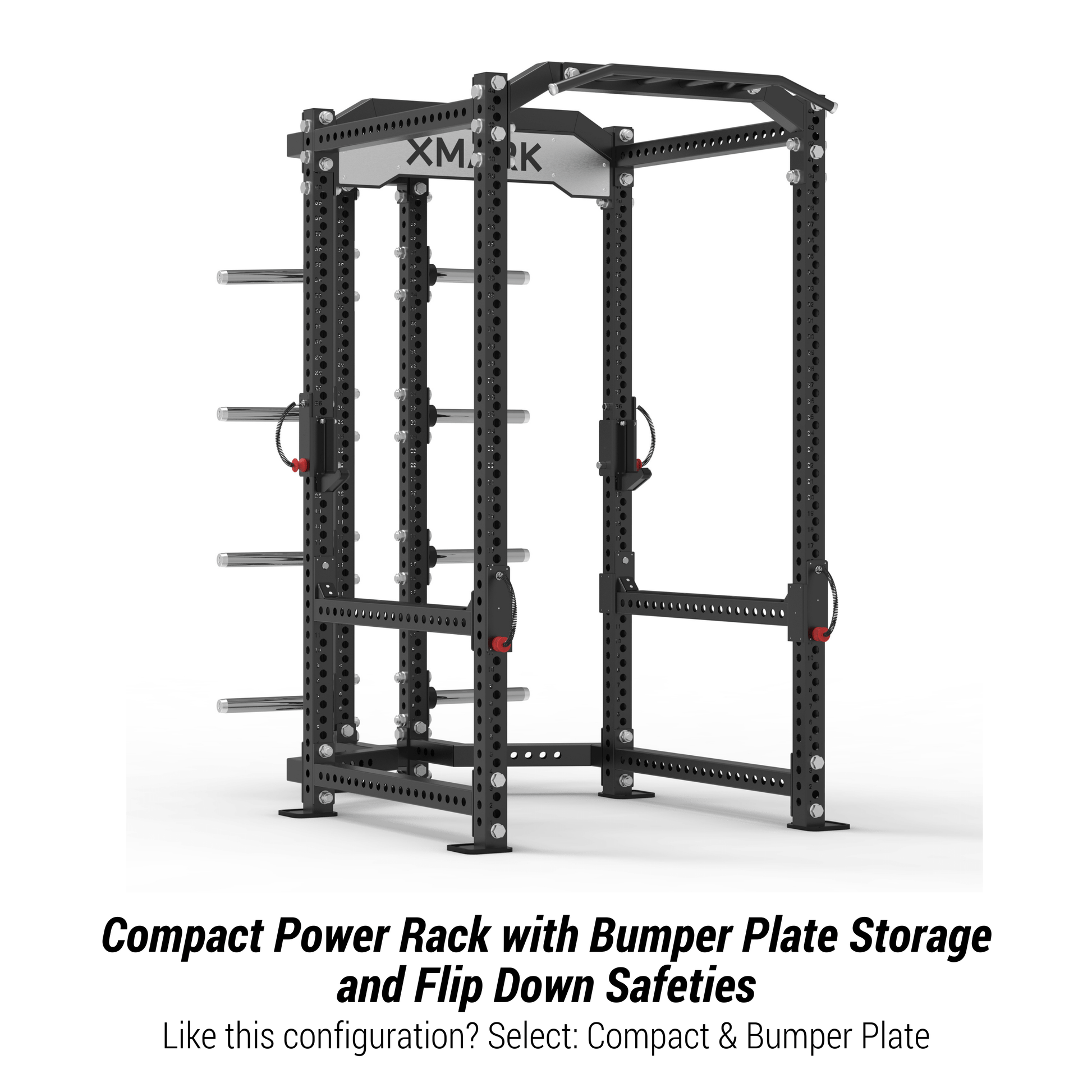 Heavy-duty compact power rack with bumper plate storage and flip down safeties for home gym workouts.