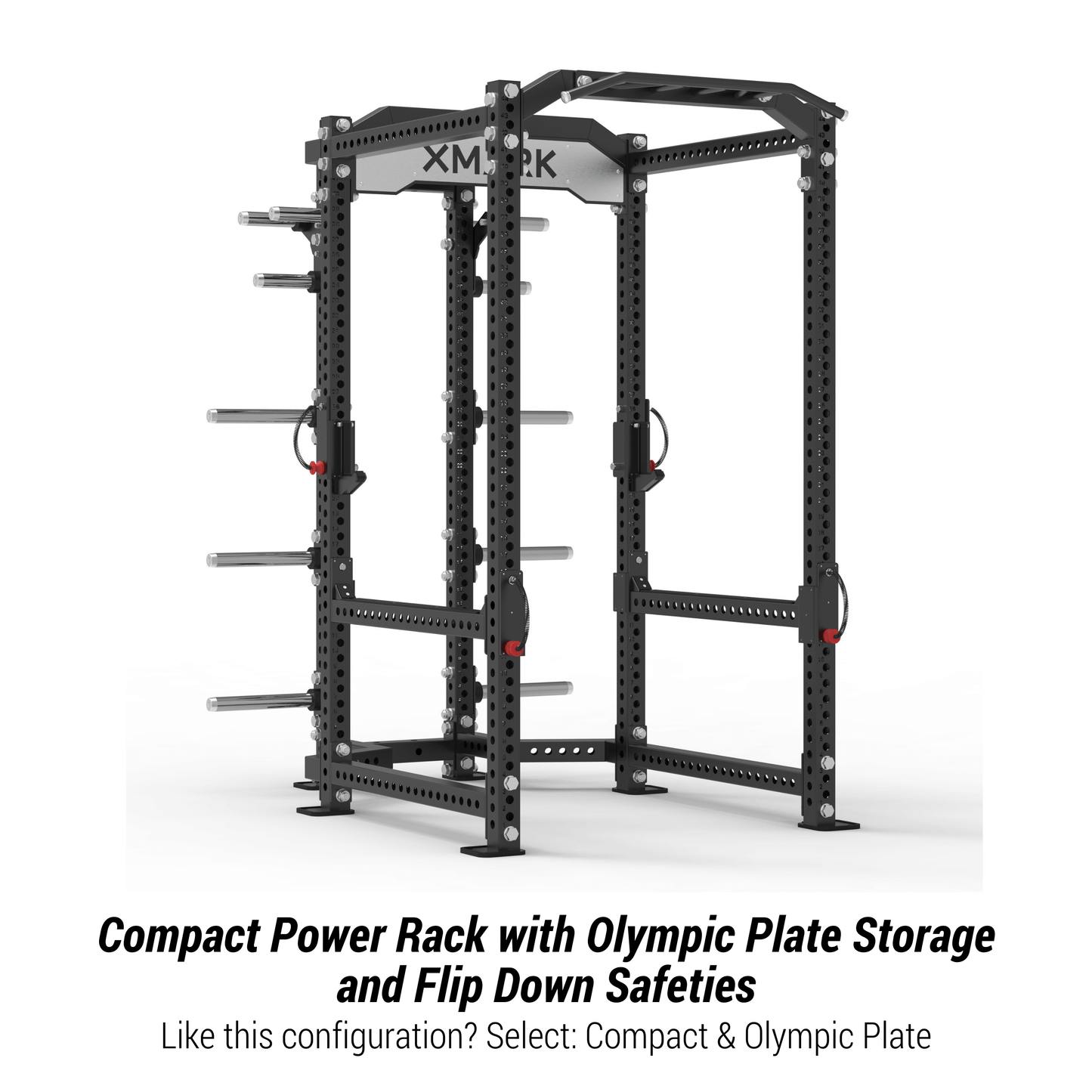 XMARK Compact Power Rack showcasing Olympic plate storage and flip down safeties for versatile home gym workouts.