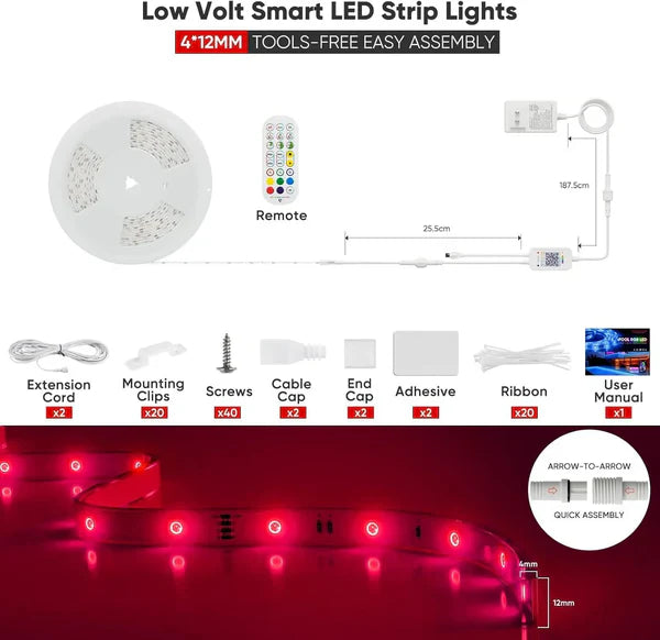 24V IP68 LED Strip Light – Smart RGB Submersible Pool Light Strips, 4mm x 12mm, 1-10V Dimmable, Remote & Bluetooth App Control, ETL Listed, 2W/M
